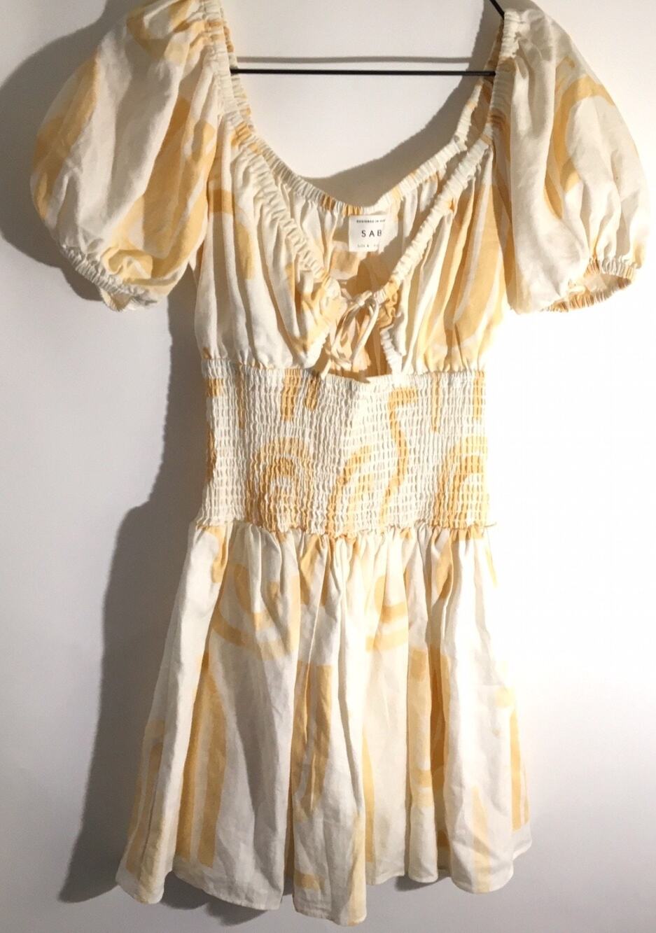 Sabo Jorja Women's Size 4 White & Tan Smocked Bodice Puff Sleeves Mini Dress